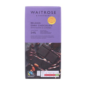 Waitrose Belgian Dark Chocolate With Raisins & Almonds 180g 