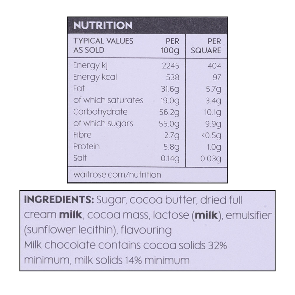 Waitrose Belgian Milk Chocolate 180g right side image