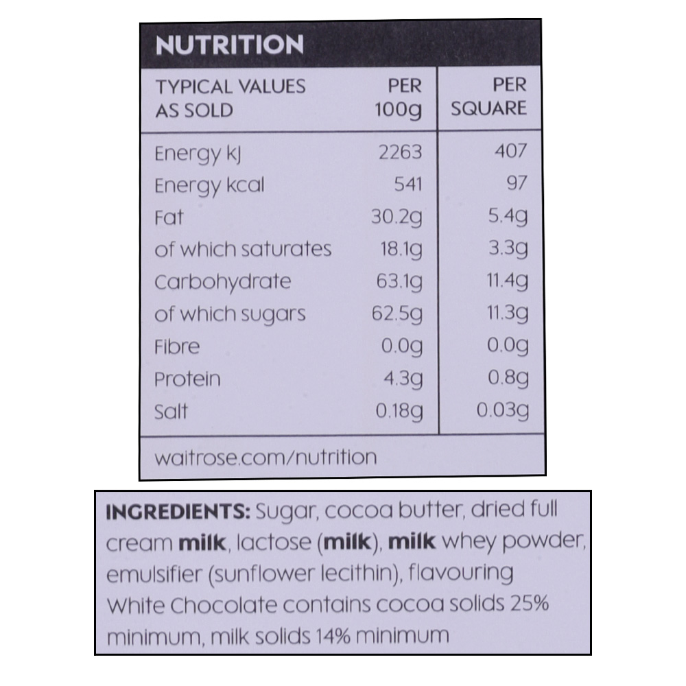 Waitrose Belgian White Chocolate 180g right side image