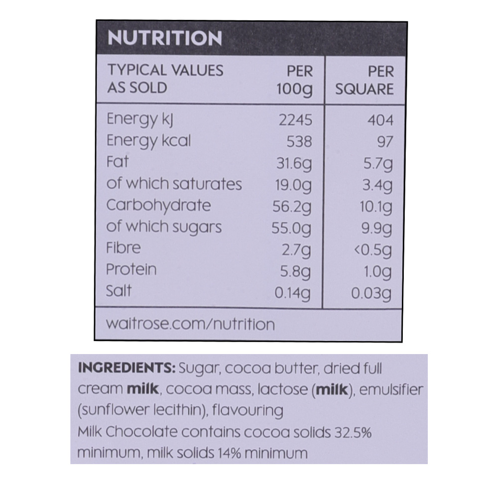 Waitrose Belgian Milk Cooking Chocolate For Cooking 180g right side image