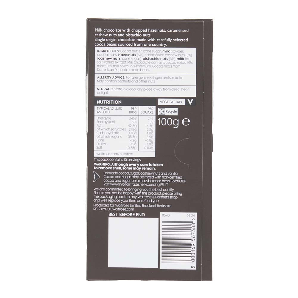 Waitrose No1 Hazelnut, Cashew & Pistachio Milk Chocolate 100g right side image