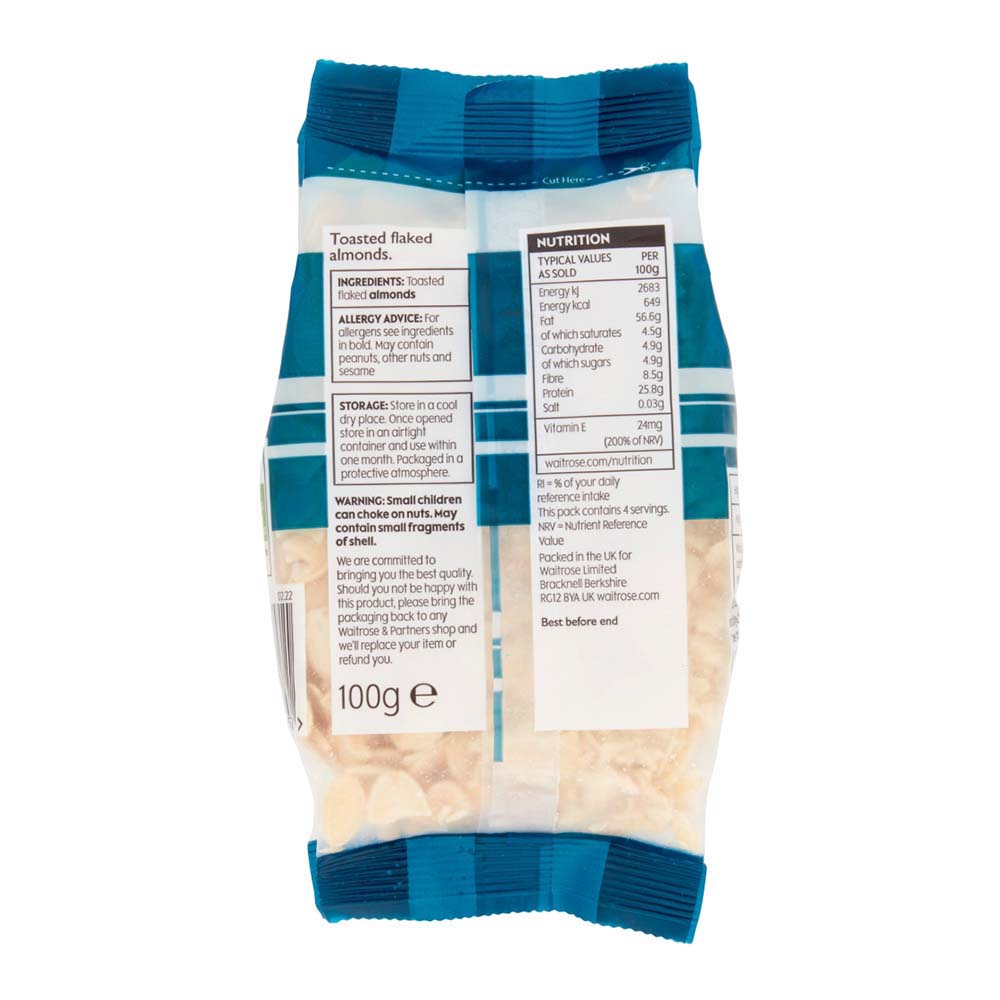 Waitrose Toasted Flaked Almonds Nuts 100g right side image