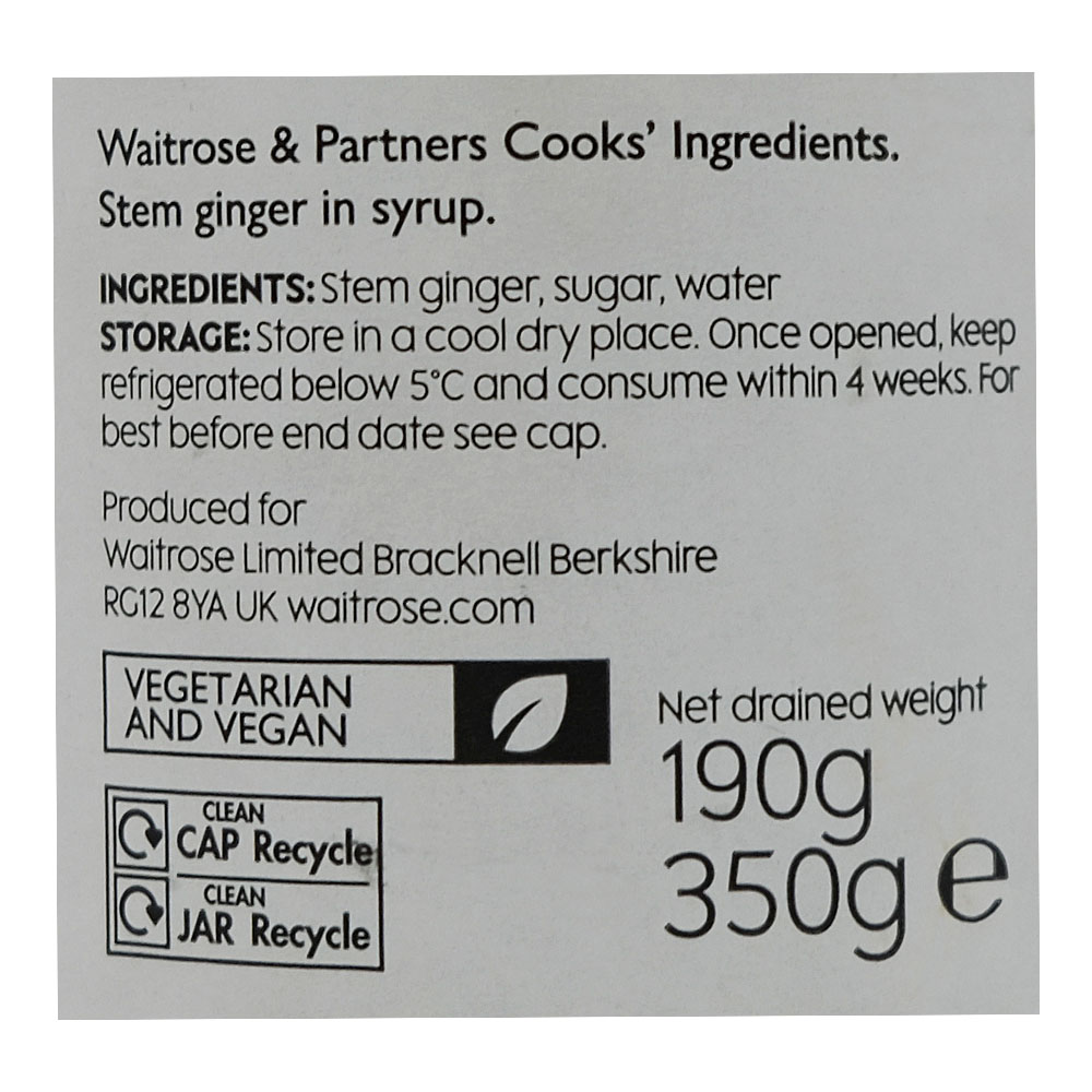Waitrose Plump Stem Ginger In Syrup Drained 190g back image