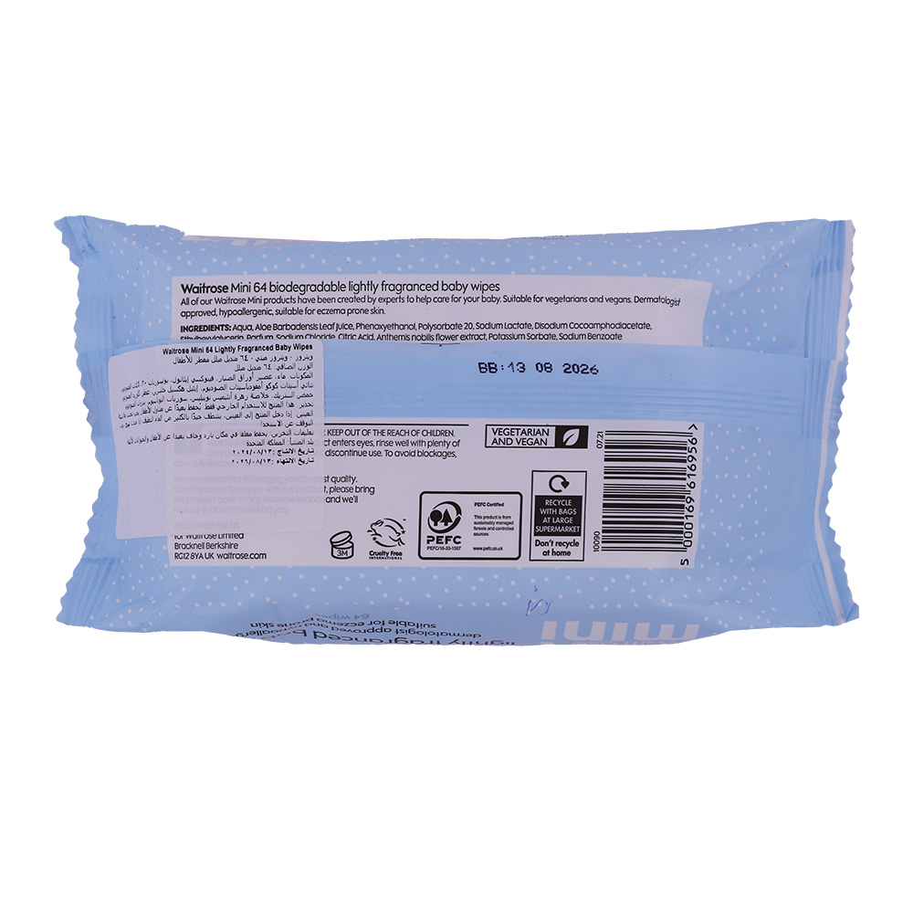 Waitrose Mini Lightly Fragranced Baby Wipes 64 Sheets back image