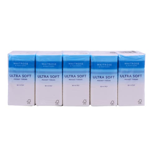 Waitrose Soft Pocket Tissues 10x10 Sheets 4-Ply 
