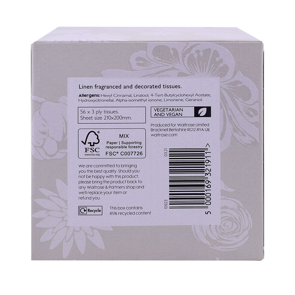 Waitrose Linen Fresh Ultra Soft Decorated Tissues 56 Sheets 3-Ply back image