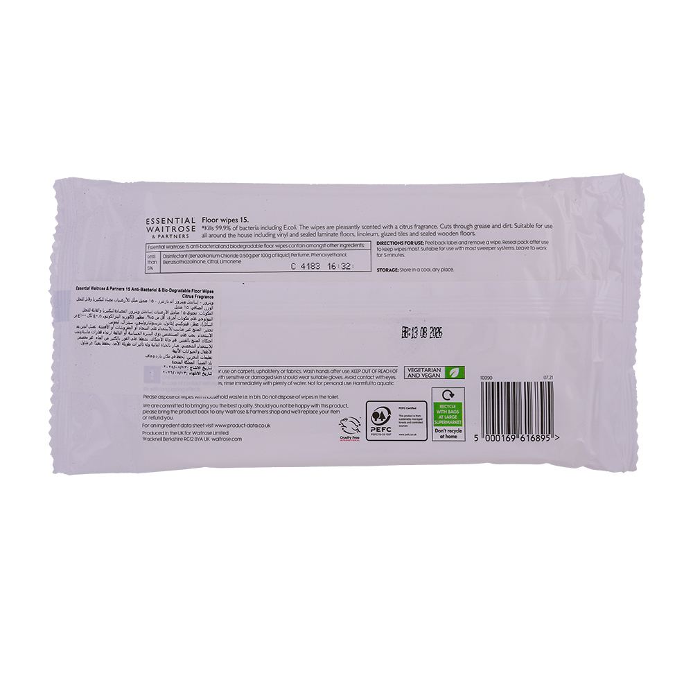 Waitrose Essential Antibacterial Floor Wipes 15 Each back image