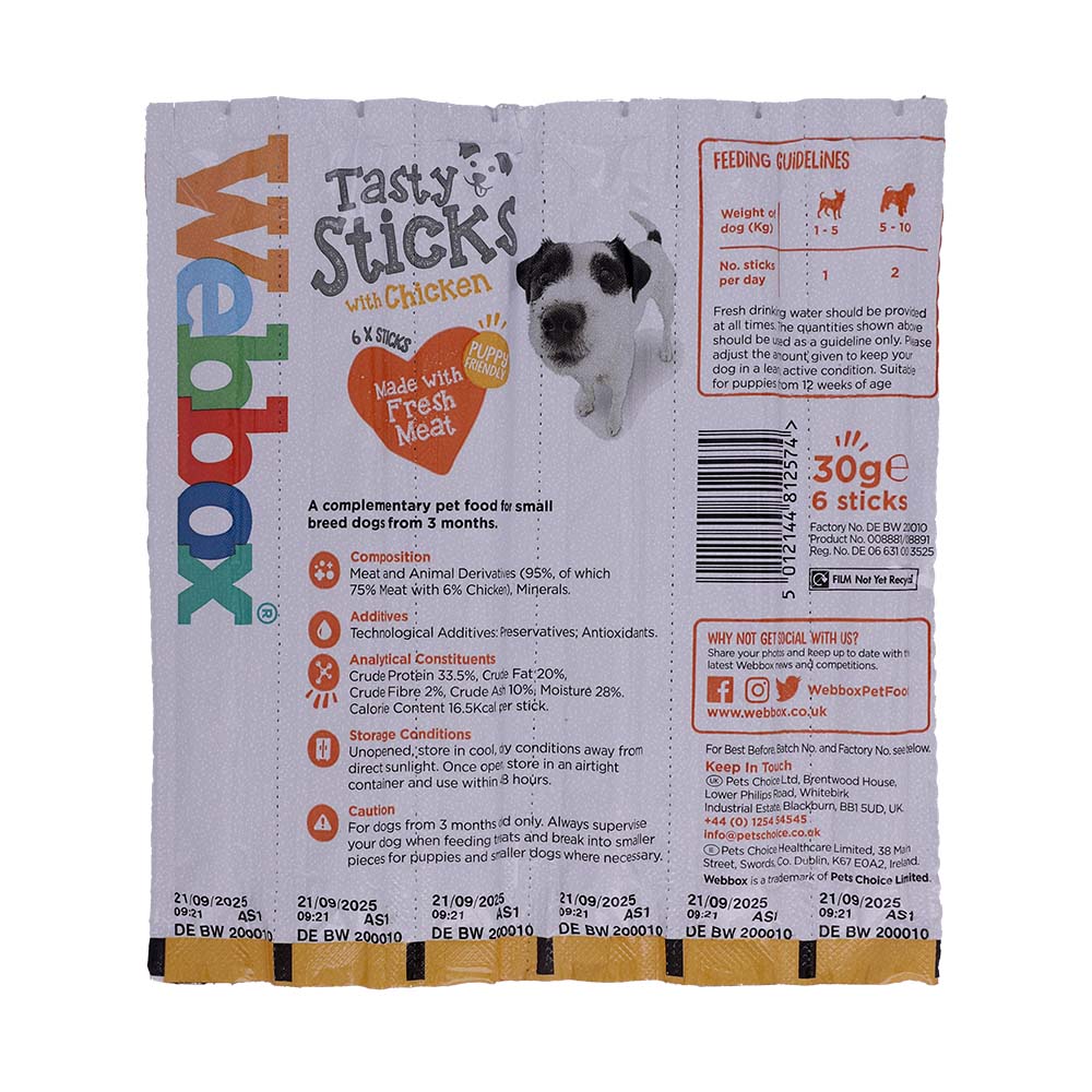 Webbox Chicken Dogs Delight Sticks 30g back image
