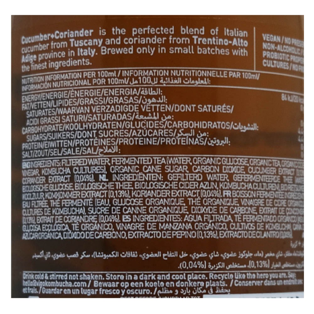 Vigo Kombucha Long Brew Cucumber Coriander Tea 330ml back image