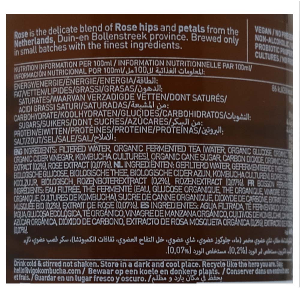 Vigo Kombucha Long Brew Rose Tea 315ml back image