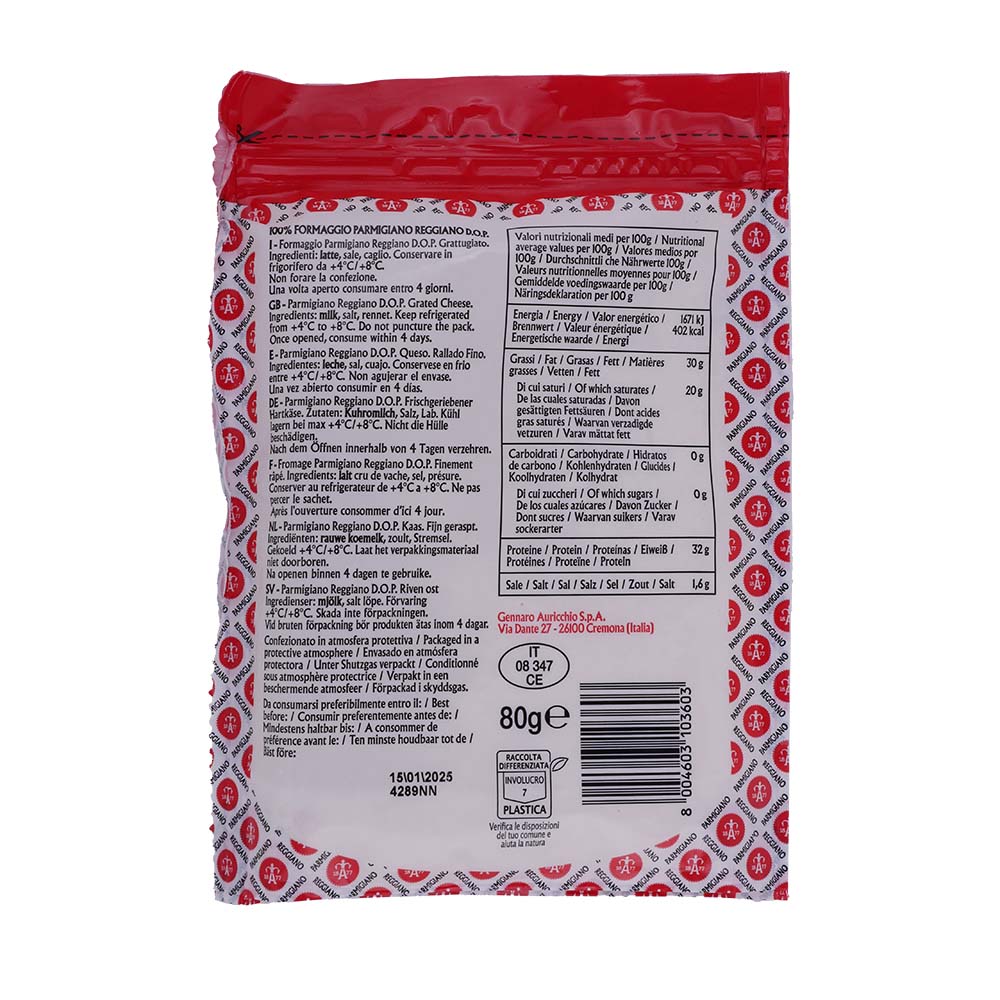 Auricchio Parmigiano Reggiano Grated Cheese 80g back image