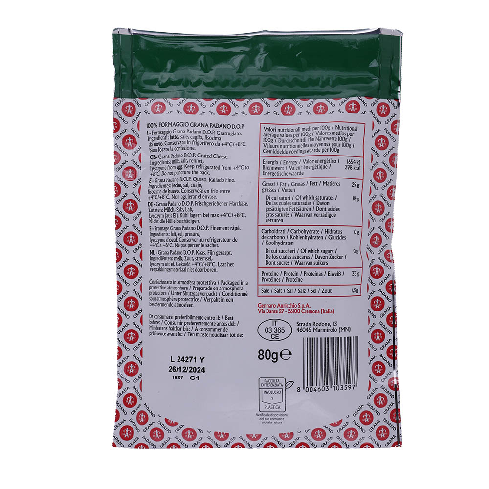 Auricchio Grana Padano Grated Cheese 80g back image