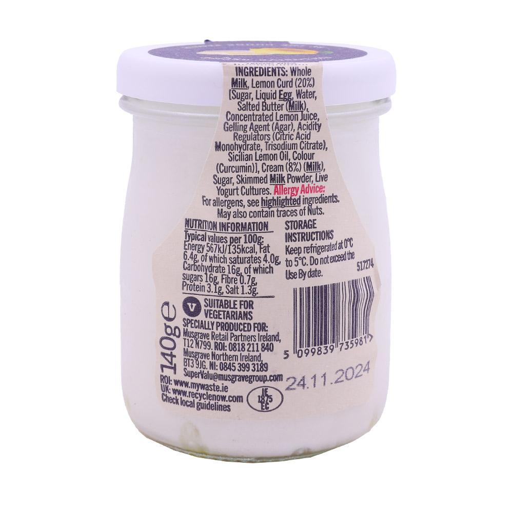 SuperValu Lemon Curd Yogurt Jar 140g back image