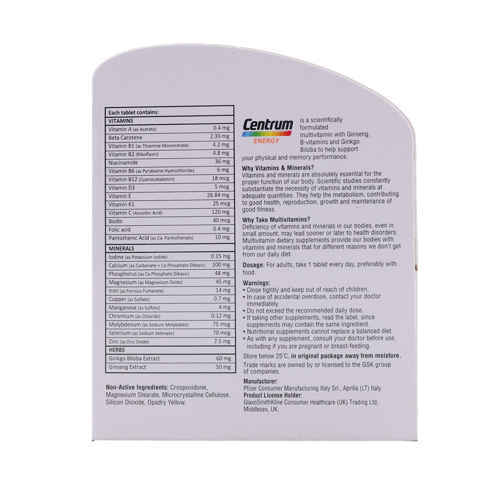Centrum Energy Multivitamins Tablets 30's back image