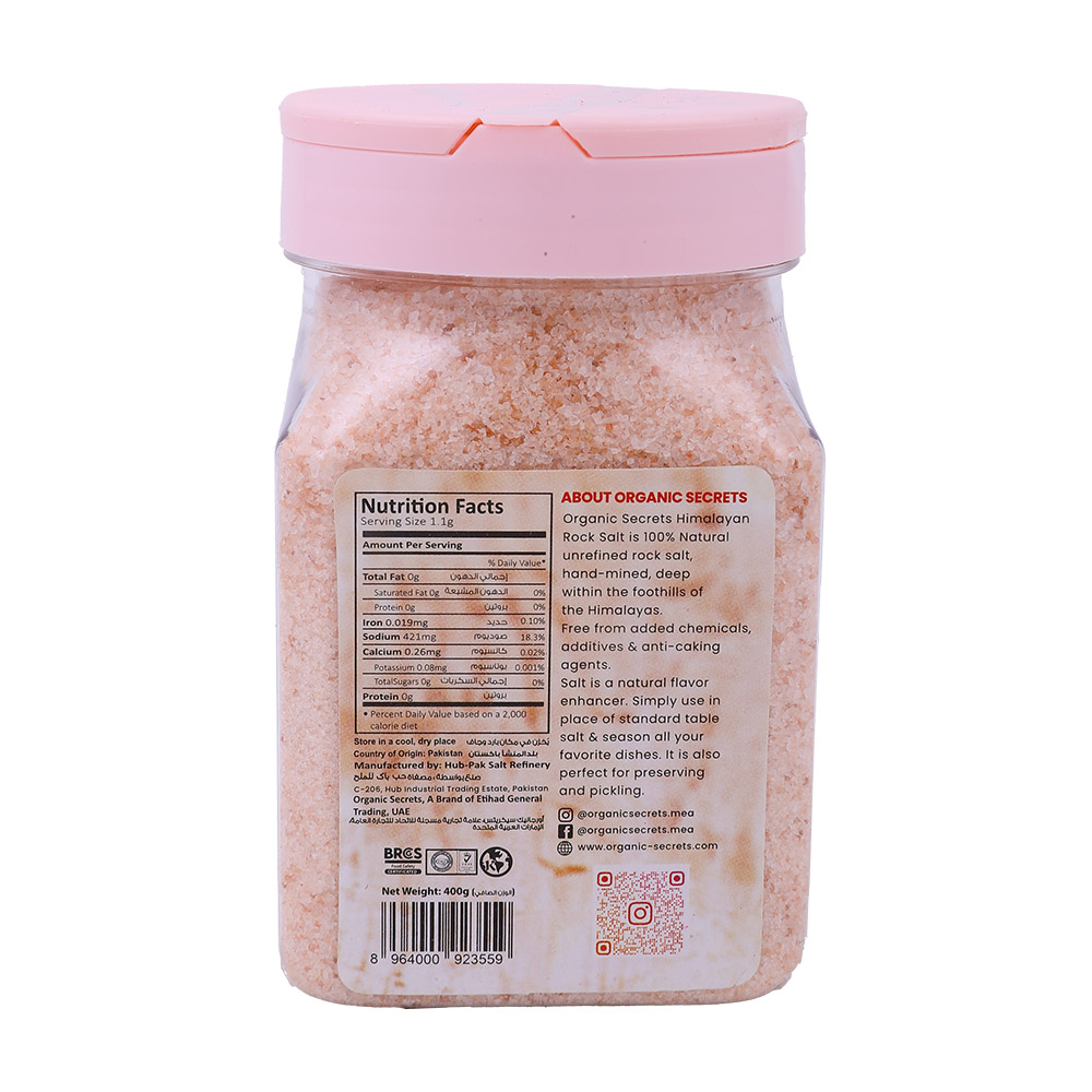 Organic Secrets Himalayan Pink Salt Shaker 400g back image