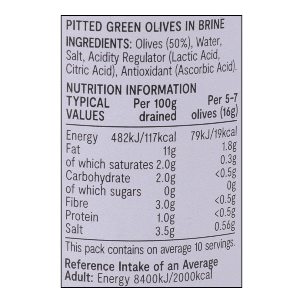 SuperValu Pitted Green Olives in Brine 340g right side image