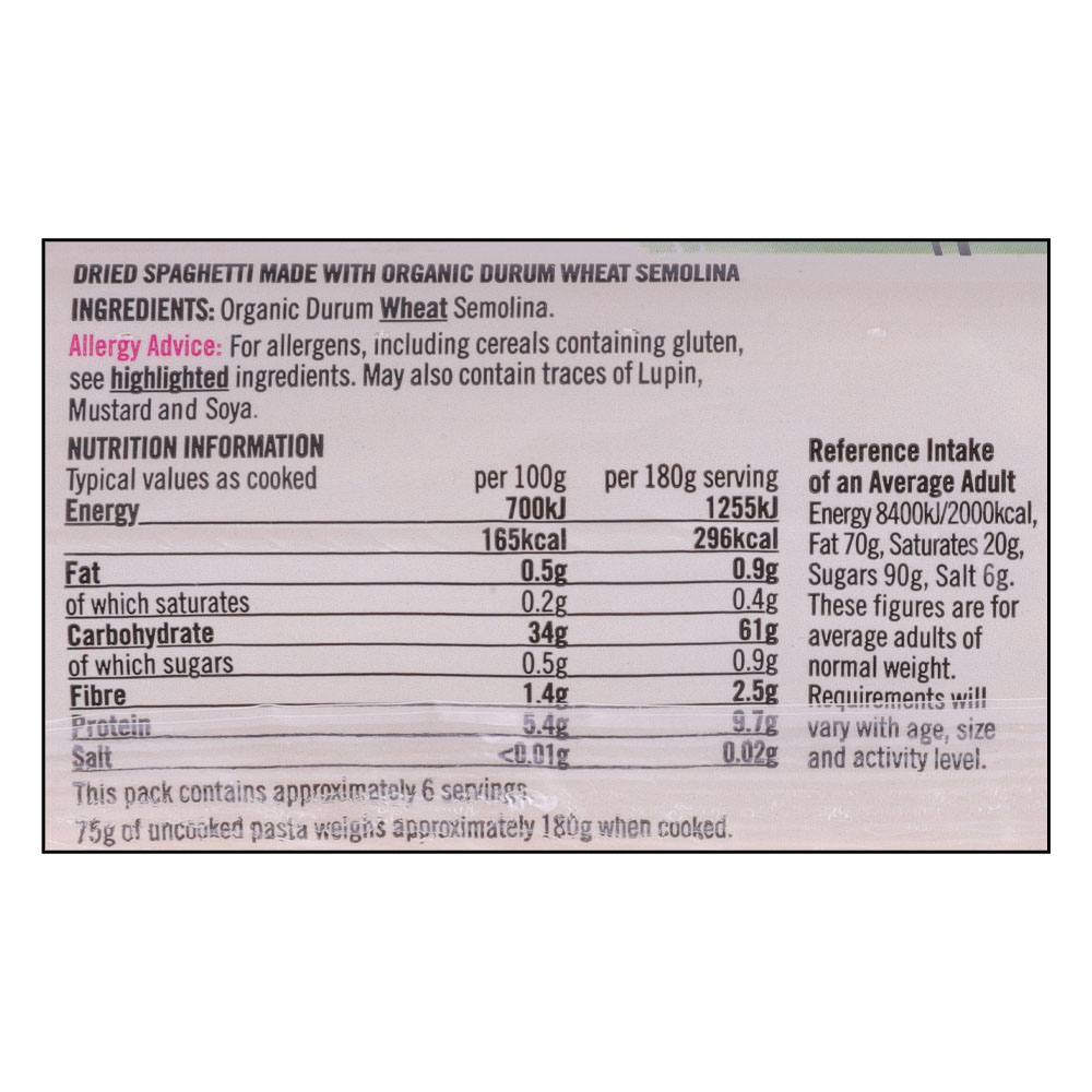SuperValu Organic Spaghetti Pasta 500g right side image