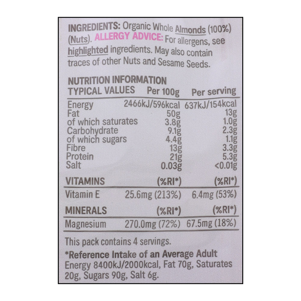 SuperValu Organic Whole Almonds Nuts 100g right side image
