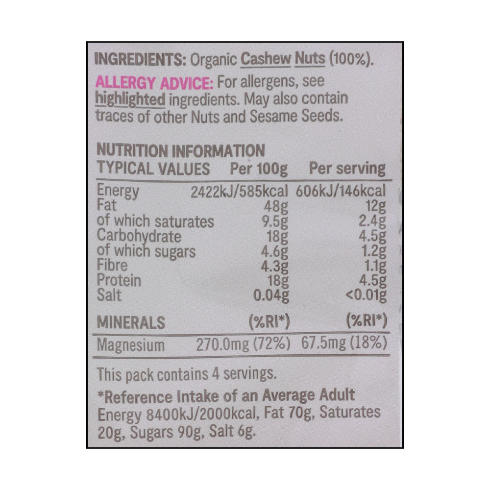 Supervalu Organic Cashew Nuts 100g right side image