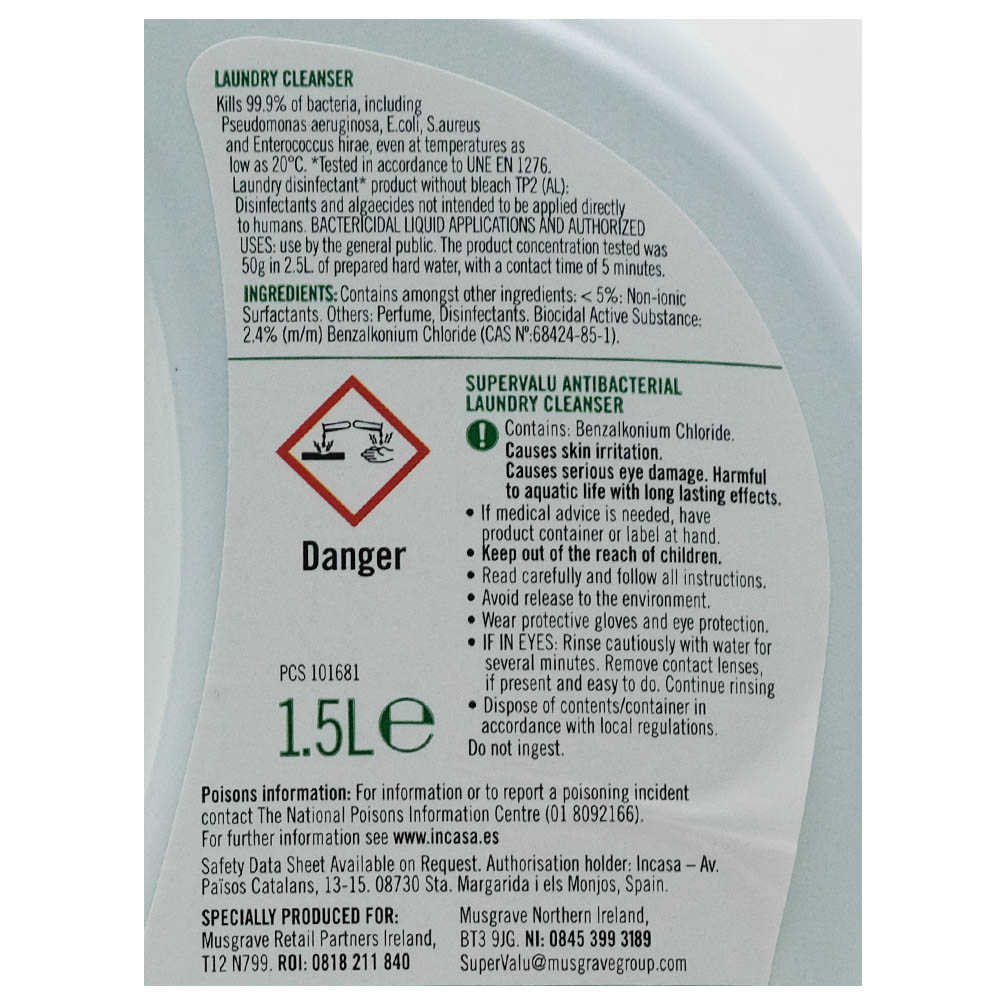 SuperValu Antibacterial Laundry Cleanser 1.5L back image