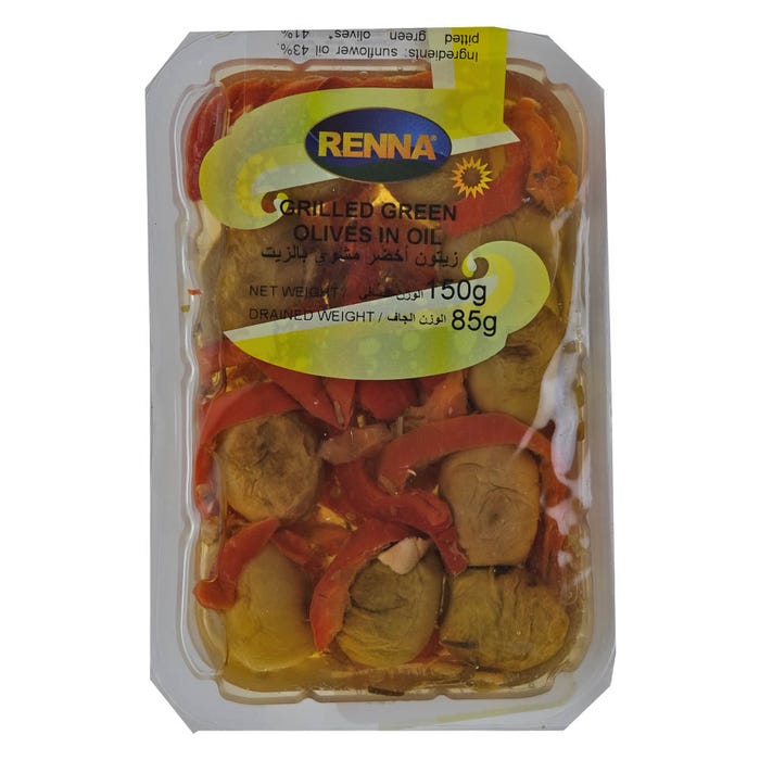 Renna Grilled Green Olives In Sunflower Oil 150g – Deliciously Prepared – Available at Alosra Online Grocery Store.