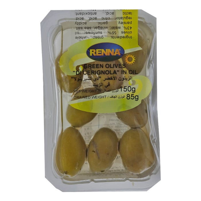 Renna Green Olives Di Cerignola In Sunflower Oil 150g – Deliciously Prepared – Available at Alosra Online Grocery Store.