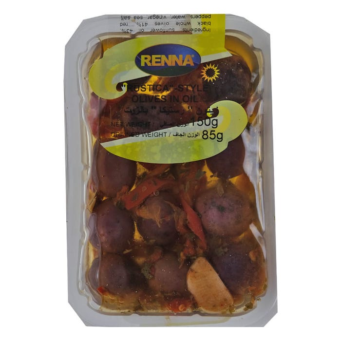 Renna Rustica Style Black Olives In Sunflower Oil 150g – Deliciously Prepared – Available at Alosra Online Grocery Store.