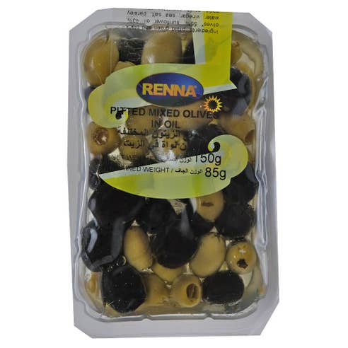 Renna Pitted Mixed Olives In Sunflower Oil 150g – Available at Alosra Online Supermarket