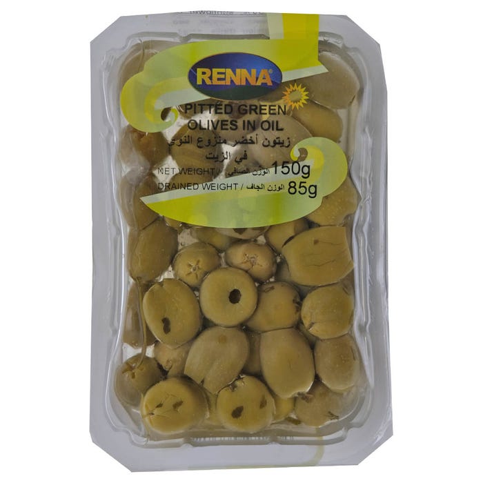 Renna Pitted Green Olives In Sunflower Oil 150g – Deliciously Prepared – Available at Alosra Online Grocery Store.