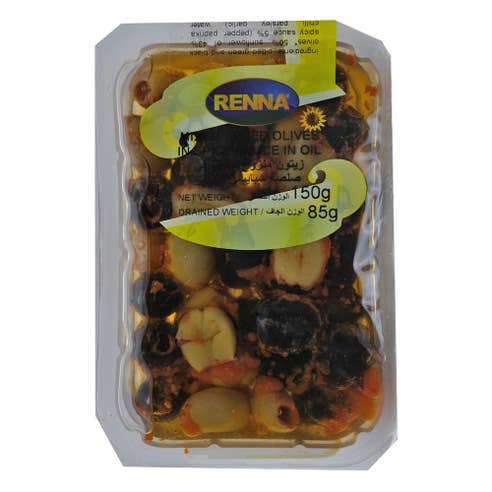 Renna Mixed Pitted Olives In Spicy Sauce In Sunflower Oil 150g – Available at Alosra Online Supermarket