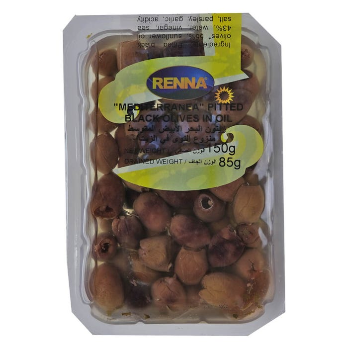 Renna Mediterranea Pitted Black Olives In Sunflower Oil 150g – Deliciously Prepared – Available at Alosra Online Grocery Store.