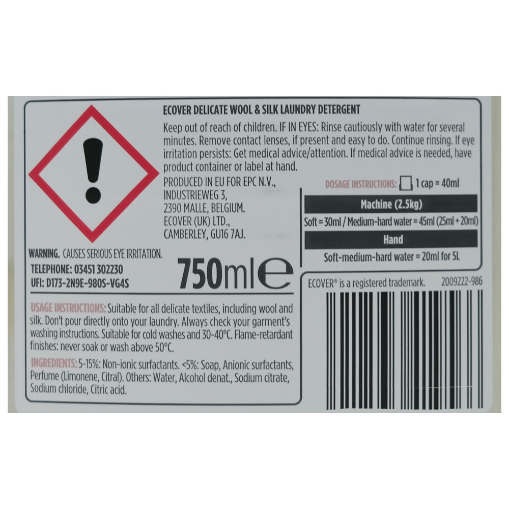 Ecover Wool & Silk Sensitive Laundry Detergent 750ml back image