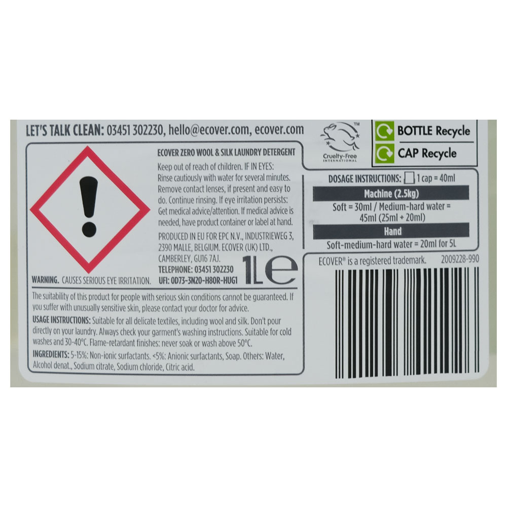 Ecover Wool & Silk Sensitive Laundry Detergent 1L back image