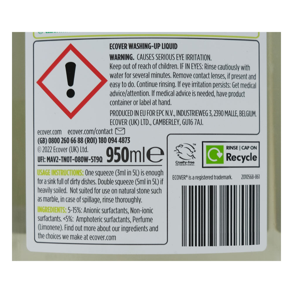 Ecover Washing Up Lemon & Aloe Vera 950ml back image