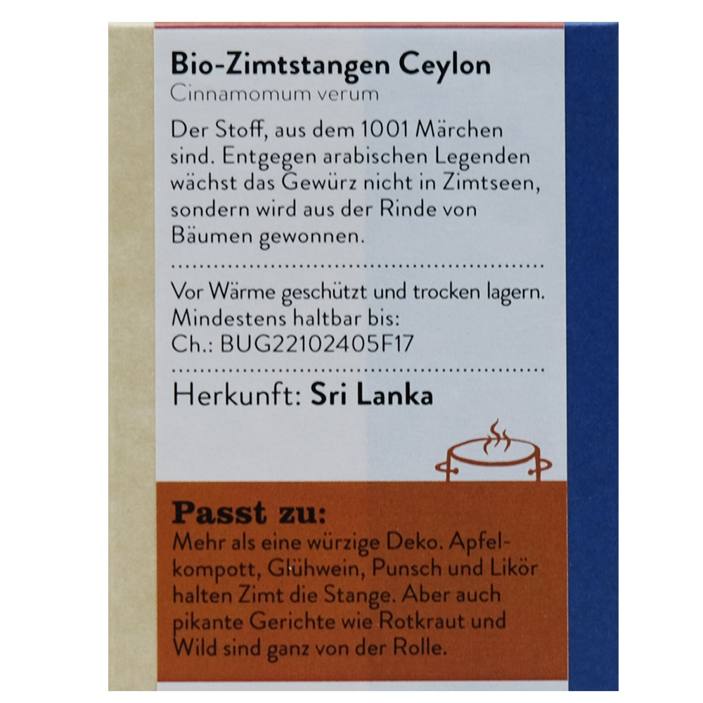 Sonnentor Cinnamon Ceylon Sticks 18g back image