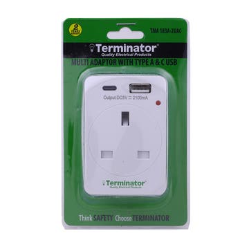 Terminator 2-Way UK Socket With Multi Adaptor TMA 183A-2UAC 