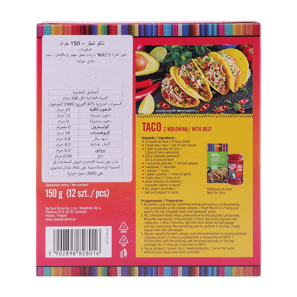 Casa De Mexico Taco Shells 150g [12 Pieces] back image