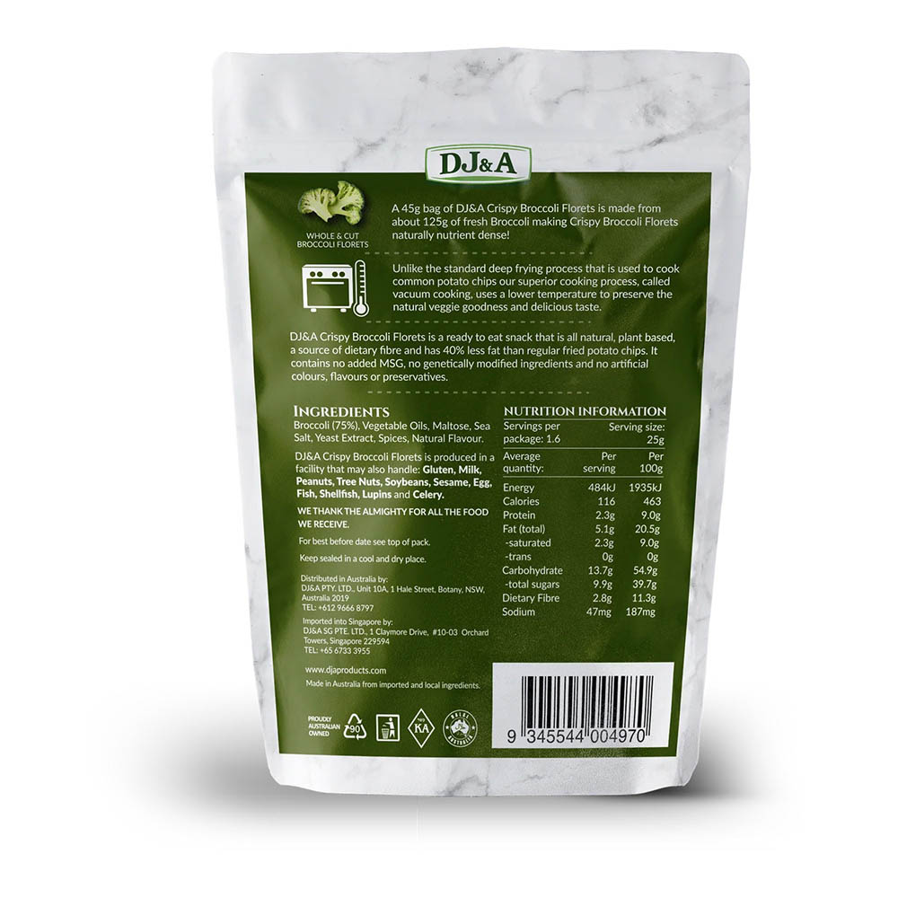DJ&A Crispy Broccoli Florets 45g back image