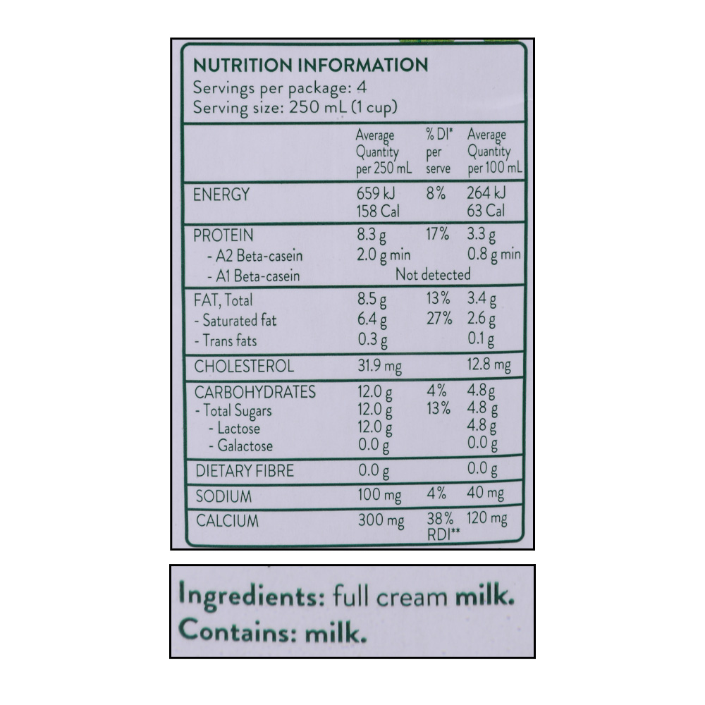 Australia's Own A2 Full Cream Milk 1L right side image