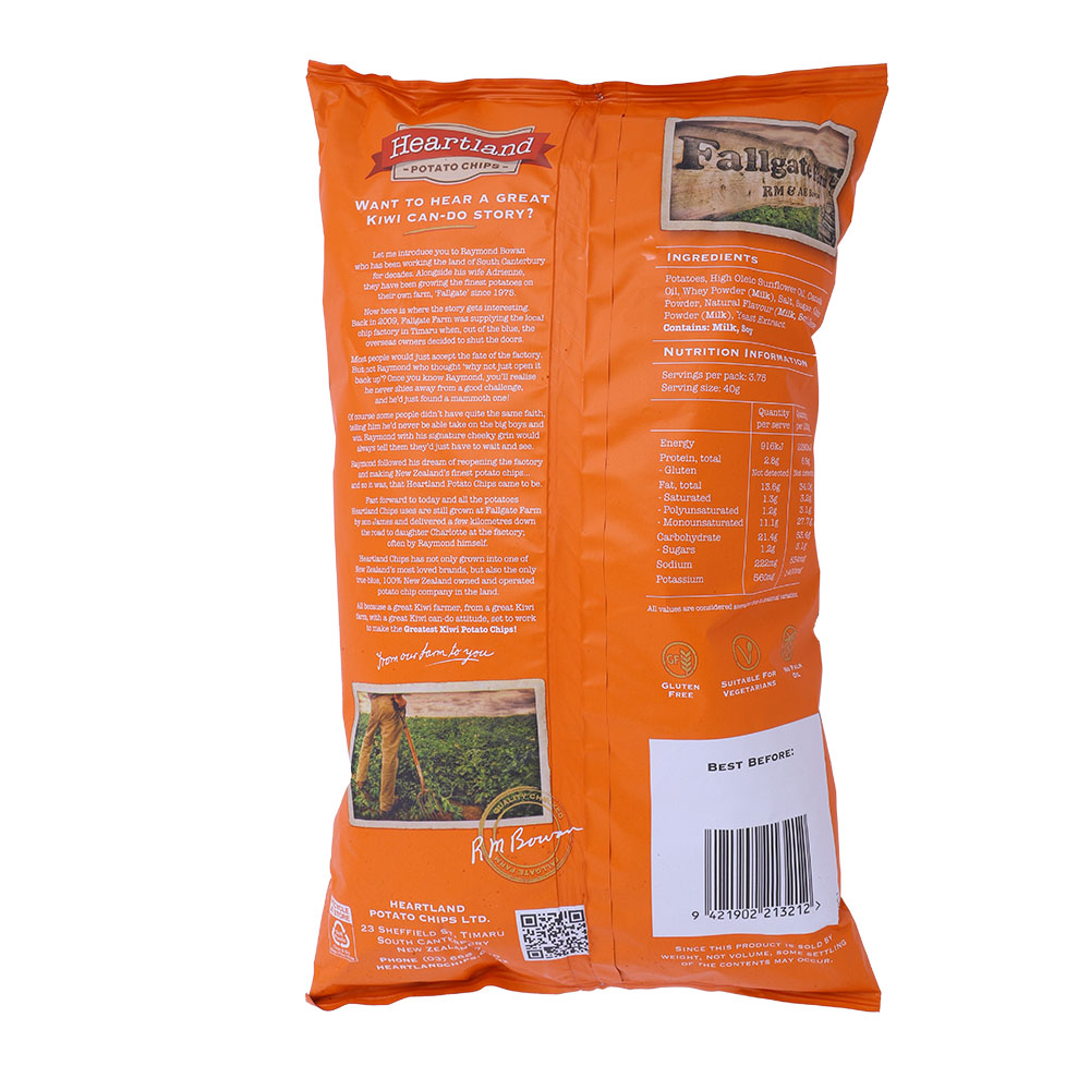 Heartland Cheese & Onion Potato Chips 150g back image