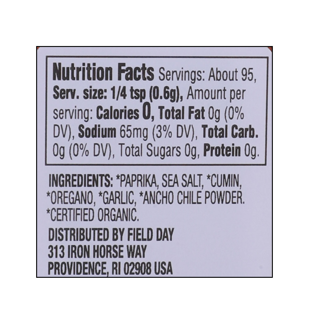 Field Day Spices Chili Powder Organic 56g right side image