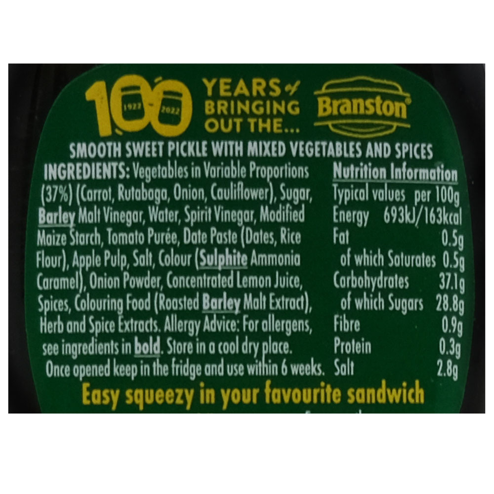 Branston Squeezy Mixed Vegetables Smooth Sweet Pickle 355g back image