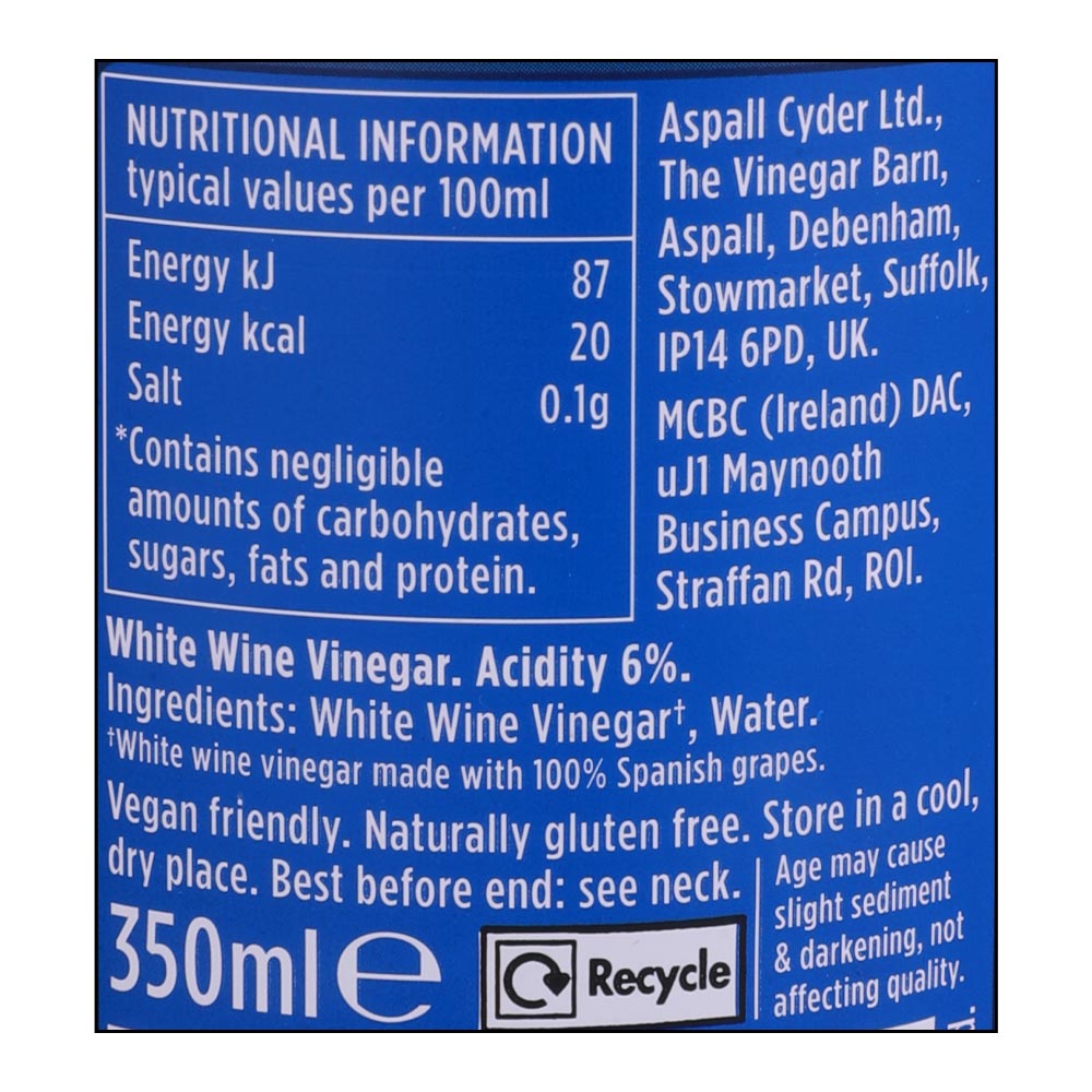 Aspall White Wine Vinegar 350ml [Contains Pork] right side image
