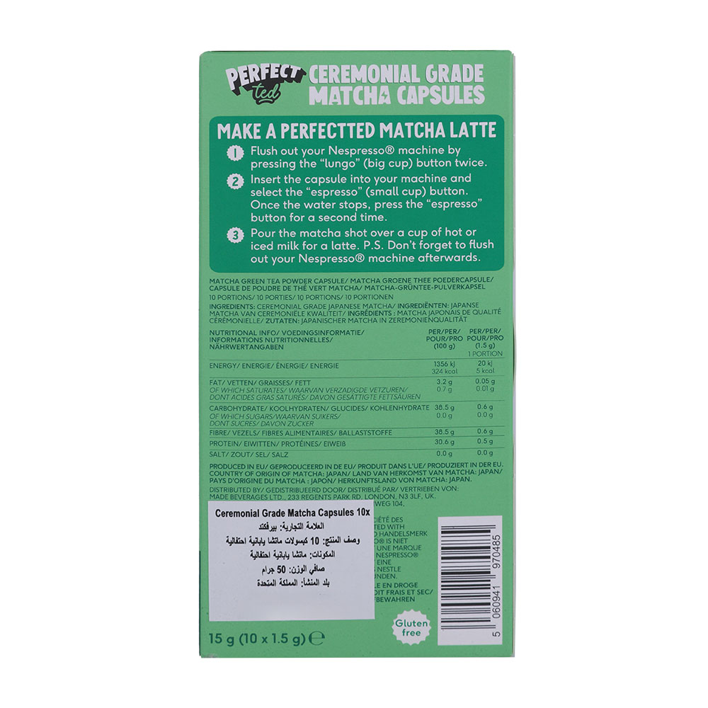 Perfectted Ceremonial Matcha Nespreso Pods 15g 10s back image