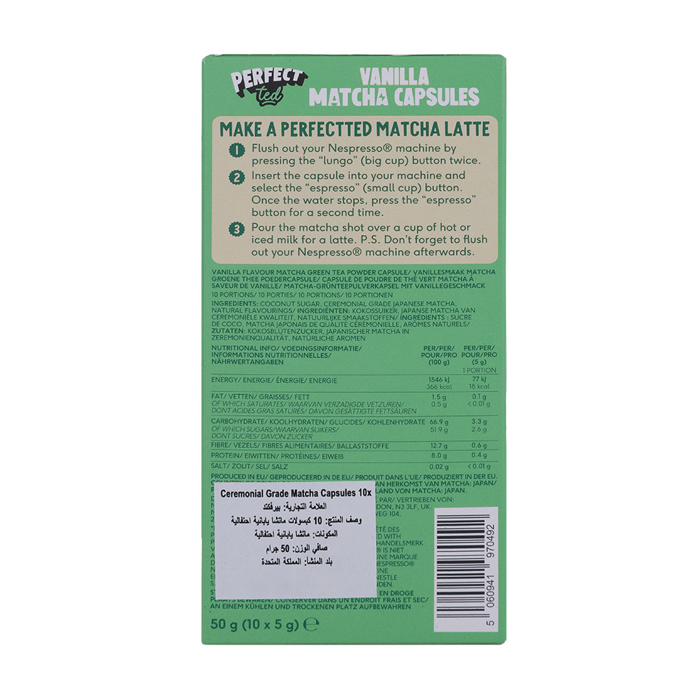 Perfectted Vanilla Matcha Nespresso Pods 50g 10s back image