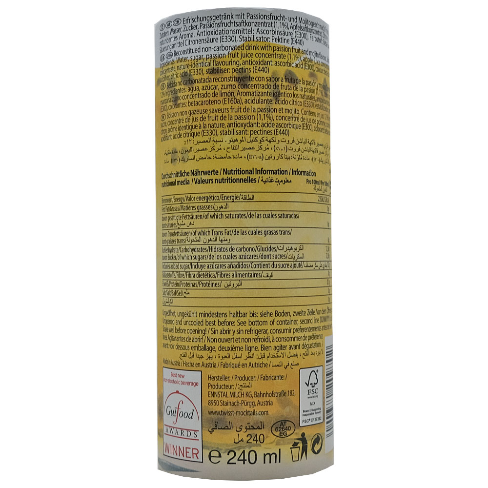 Twisst Mojito Passion Fruit Non Alcoholic Drink 240ml back image