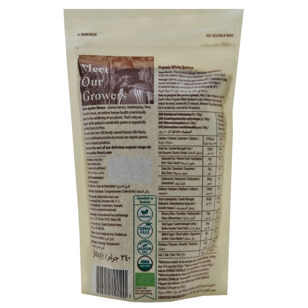 Earth's Finest Organic White Quinoa 340g back image