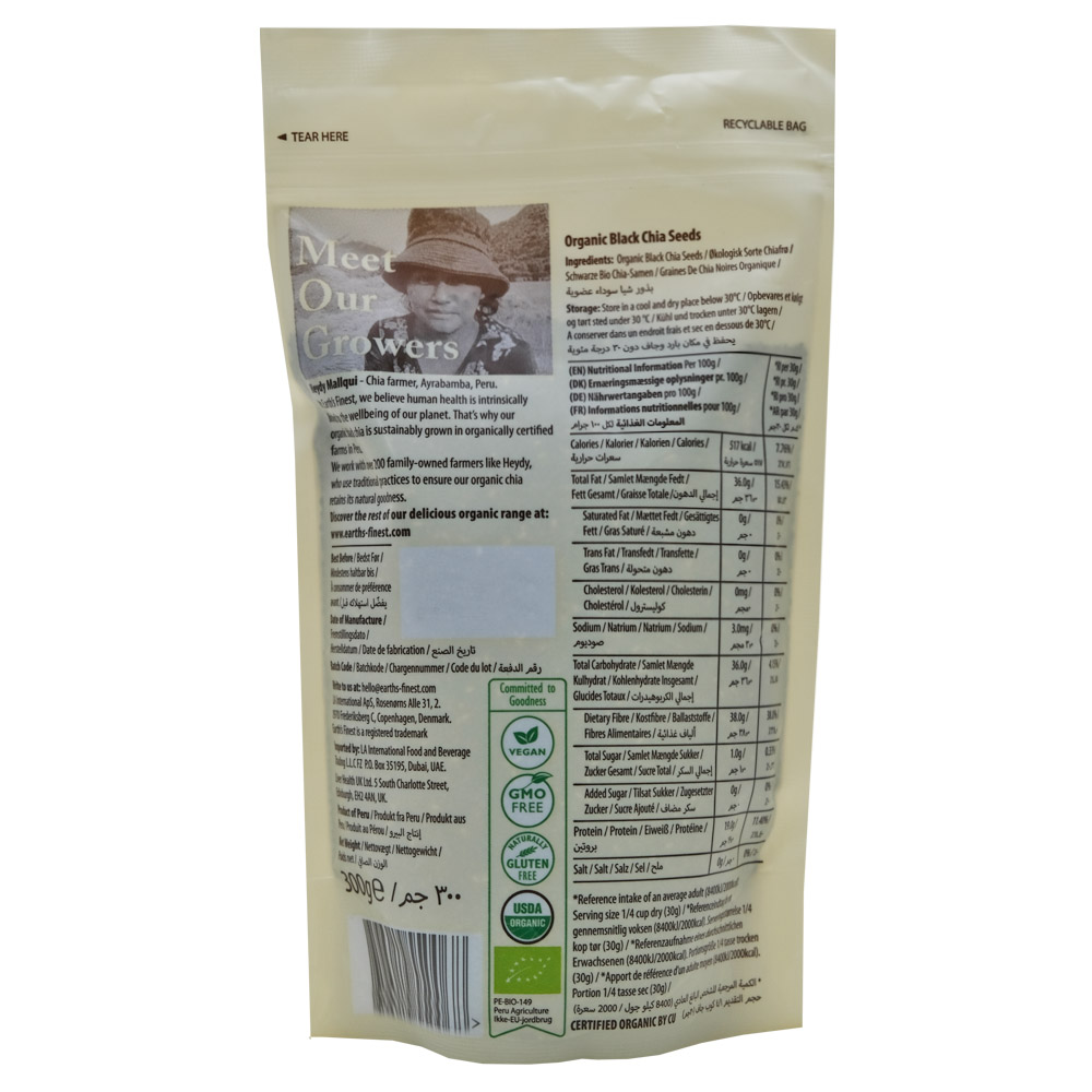 Earth's Finest Organic Black Chia Seeds 300g back image