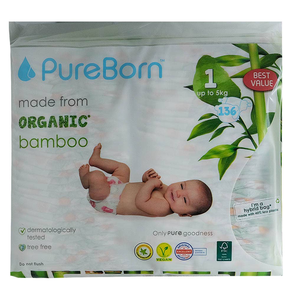 Alosraonline | PureBorn Organic Bamboo Diapers Size 1 136s